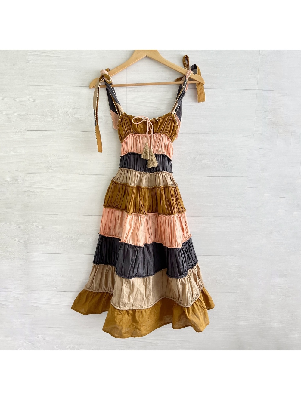 Anthropologie Let Me Be Letizia Colorblock Tiered Dress 2P Cotton Boho Tassel